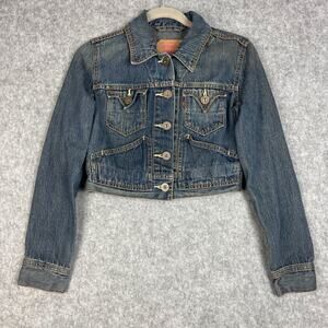 Vintage Levis Denim Jean Jacket‎ Womens Medium Blue Cropped Western Rodeo Y2K